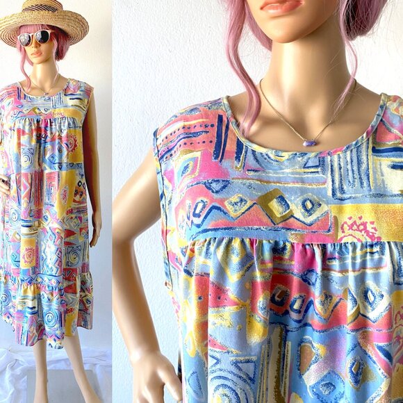 Plus Size House Dress Lounge Dress Casual Summer Midi Dress Abstract Colorful 1X - Picture 1 of 9